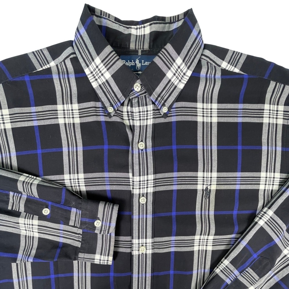 Ralph Lauren Blake Button Down Men L Black Blue Plaid Long Sleeve Cotton Pony